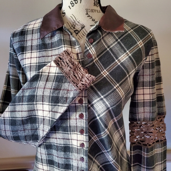 Vintage Cotton Leather And Lace Plaid Western Shirt - Picture 3 of 12